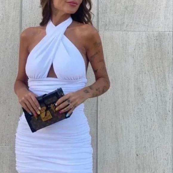 Zara White Ruched Halter Dress Sz Large - Picture 3 of 6